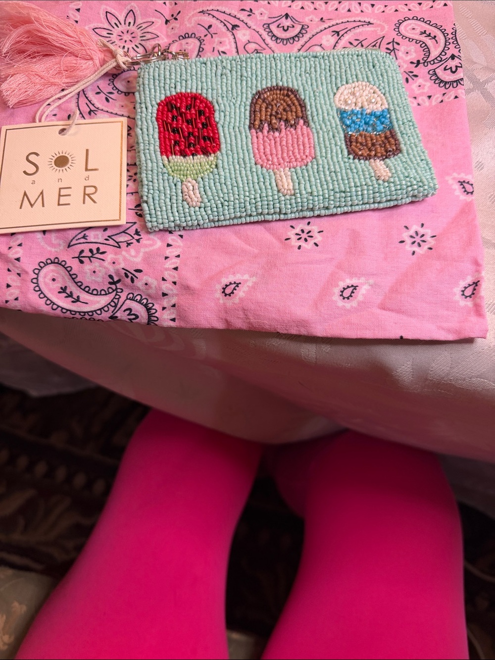 SOL and MER Women’s Beaded Ice Pop Pouch - Mint with Pink Accent